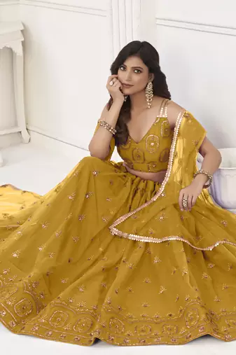 Yellow Butterfly Net Embroidery Thread Designer Lehenga