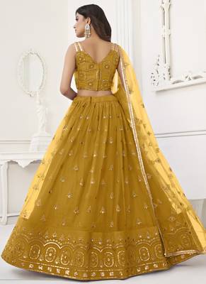Yellow Butterfly Net Embroidery Thread Designer Lehenga 4