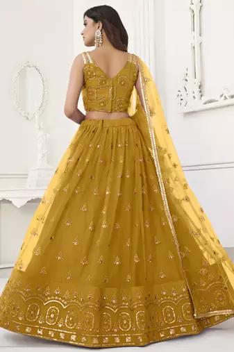 Yellow Butterfly Net Embroidery Thread Designer Lehenga