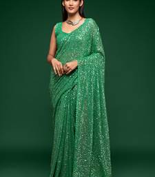 Mint Green Thread And Multiple Sequins Embroidered Georgette Party Wear Saree