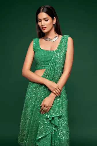 Mint Green Thread And Multiple Sequins Embroidered Georgette Party Wear Saree