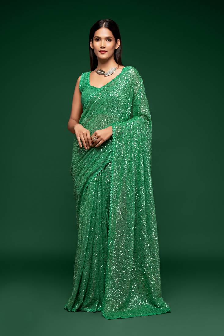 Mint Green Thread And Multiple Sequins Embroidered Georgette Party Wear Saree