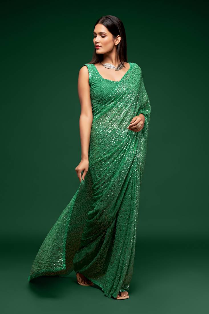 Mint Green Thread And Multiple Sequins Embroidered Georgette Party Wear Saree