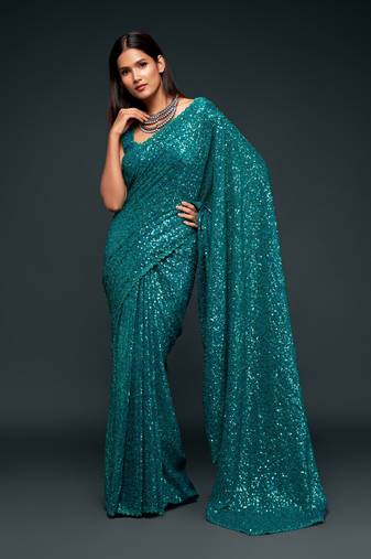 Teal Blue Thread And Multiple Sequins Embroidered Georgette Wedding Saree