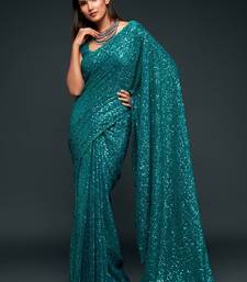 Teal Blue Thread And Multiple Sequins Embroidered Georgette Wedding Saree