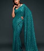 Teal Blue Thread And Multiple Sequins Embroidered Georgette Wedding Saree