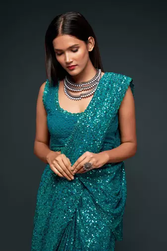 Teal Blue Thread And Multiple Sequins Embroidered Georgette Wedding Saree