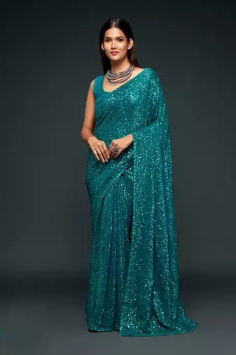Teal Blue Thread And Multiple Sequins Embroidered Georgette Wedding Saree