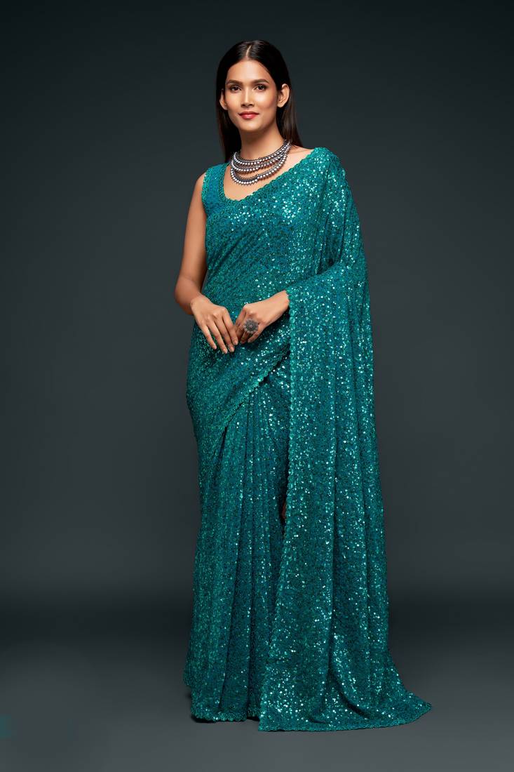 Teal Blue Thread And Multiple Sequins Embroidered Georgette Wedding Saree