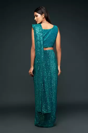 Teal Blue Thread And Multiple Sequins Embroidered Georgette Wedding Saree
