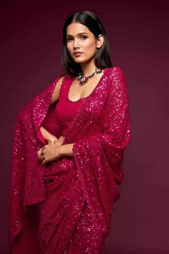 Provocative Hot Pink Thread And Multiple Sequins Embroidered Georgette Party Wear Saree