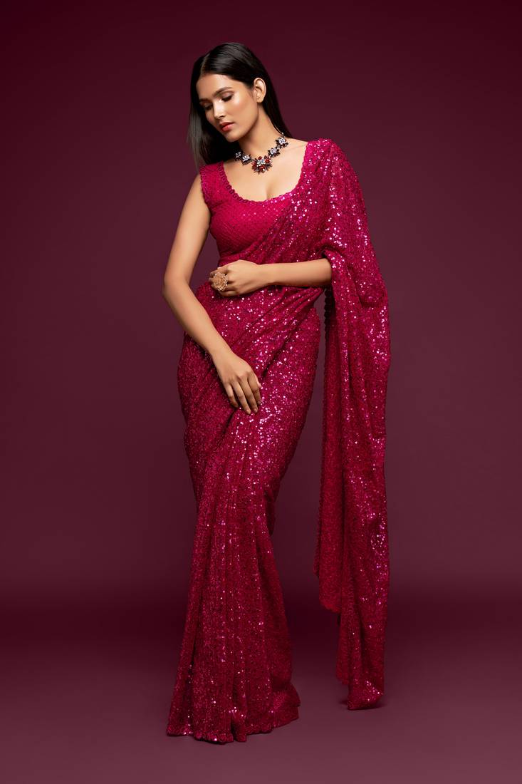 Provocative Hot Pink Thread And Multiple Sequins Embroidered Georgette Party Wear Saree