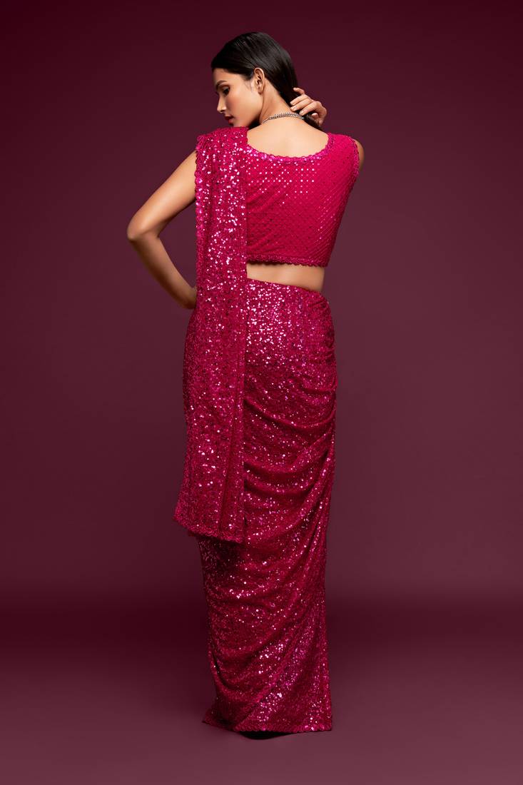 Provocative Hot Pink Thread And Multiple Sequins Embroidered Georgette Party Wear Saree