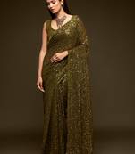 Mehandi Green Thread And Multiple Sequins Embroidered Georgette Saree For Wedding