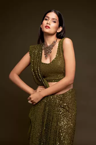 Mehandi Green Thread And Multiple Sequins Embroidered Georgette Saree For Wedding