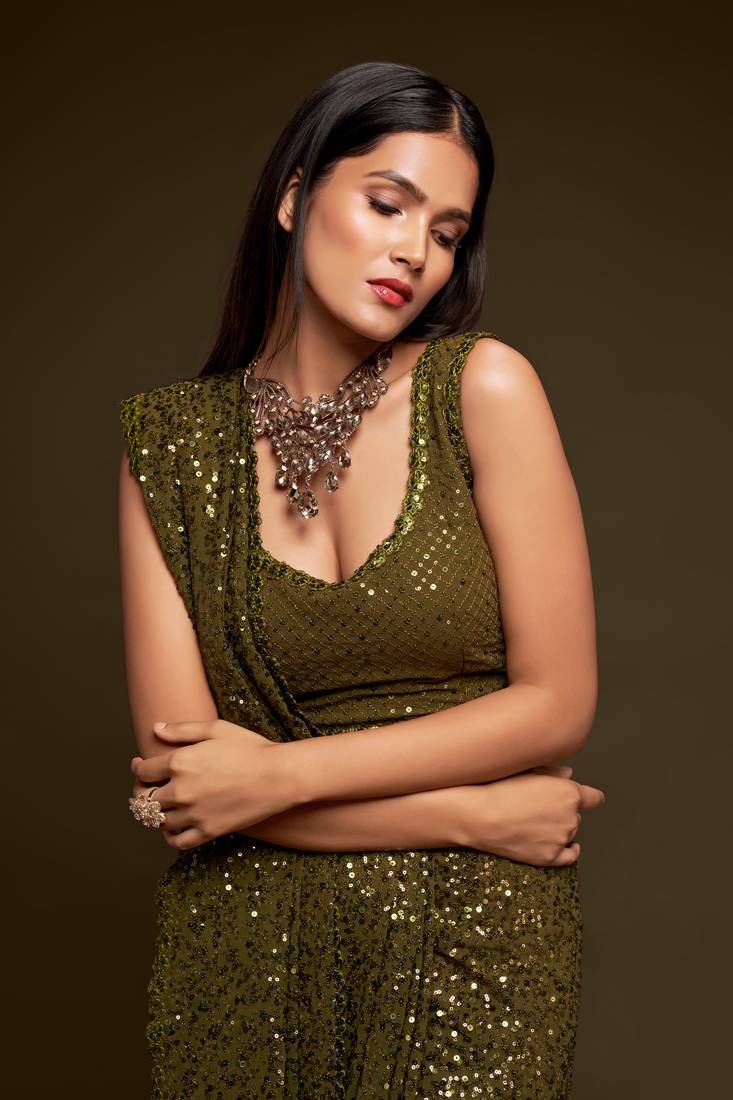 Mehandi Green Thread And Multiple Sequins Embroidered Georgette Saree For Wedding