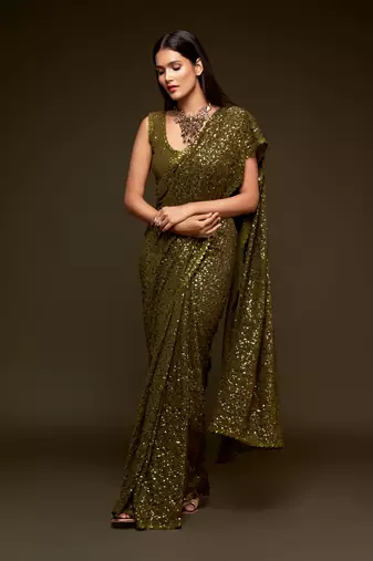 Mehandi Green Thread And Multiple Sequins Embroidered Georgette Saree For Wedding