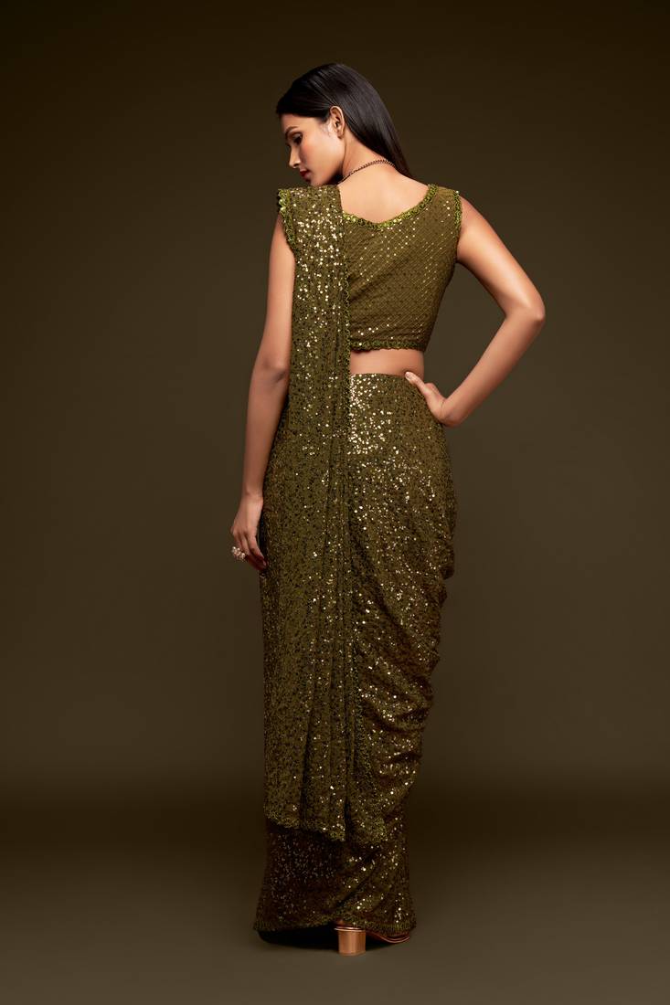 Mehandi Green Thread And Multiple Sequins Embroidered Georgette Saree For Wedding
