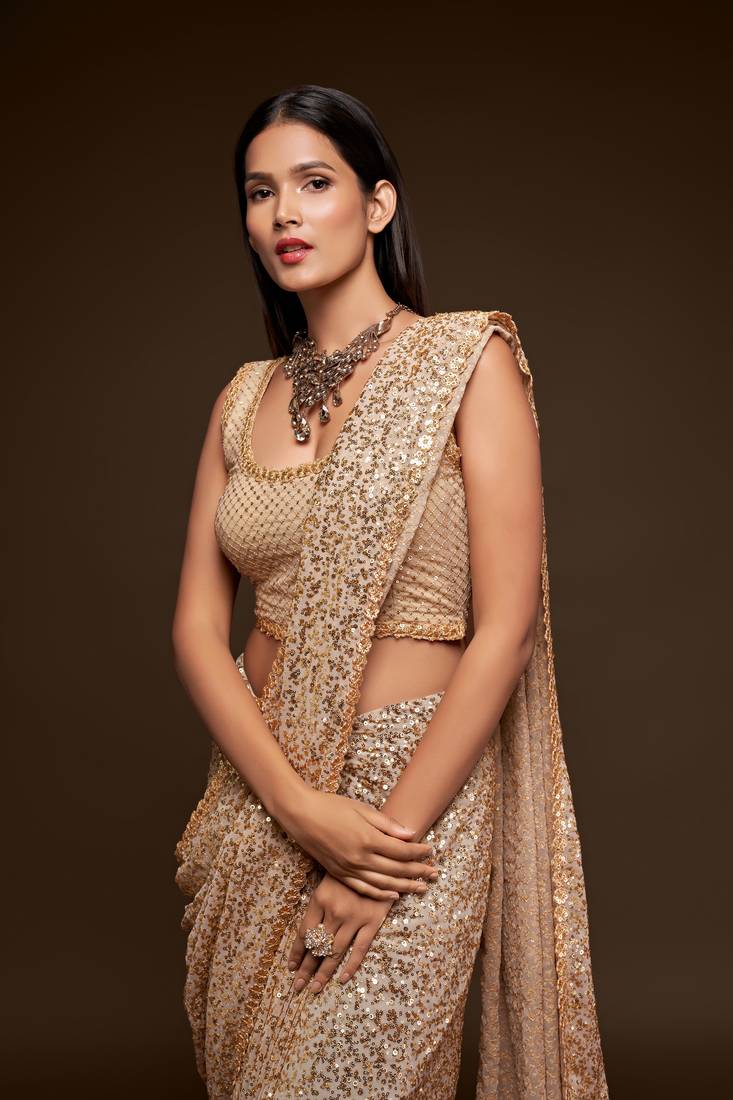 Meghalya Ivory Georgette Thread & Multiple Sequin Embroidered Saree