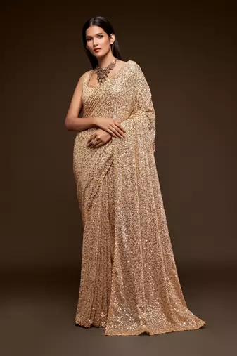 Meghalya Ivory Georgette Thread & Multiple Sequin Embroidered Saree