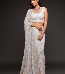  Pearl White Sequins Embroidered Georgette Saree For Wedding