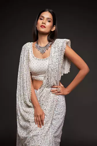  Pearl White Sequins Embroidered Georgette Saree For Wedding