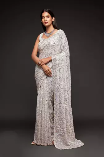  Pearl White Sequins Embroidered Georgette Saree For Wedding