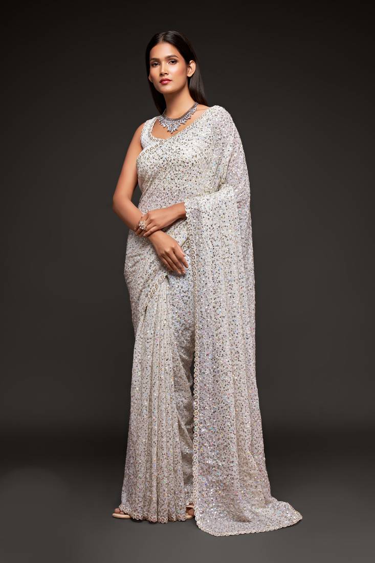  Pearl White Sequins Embroidered Georgette Saree For Wedding