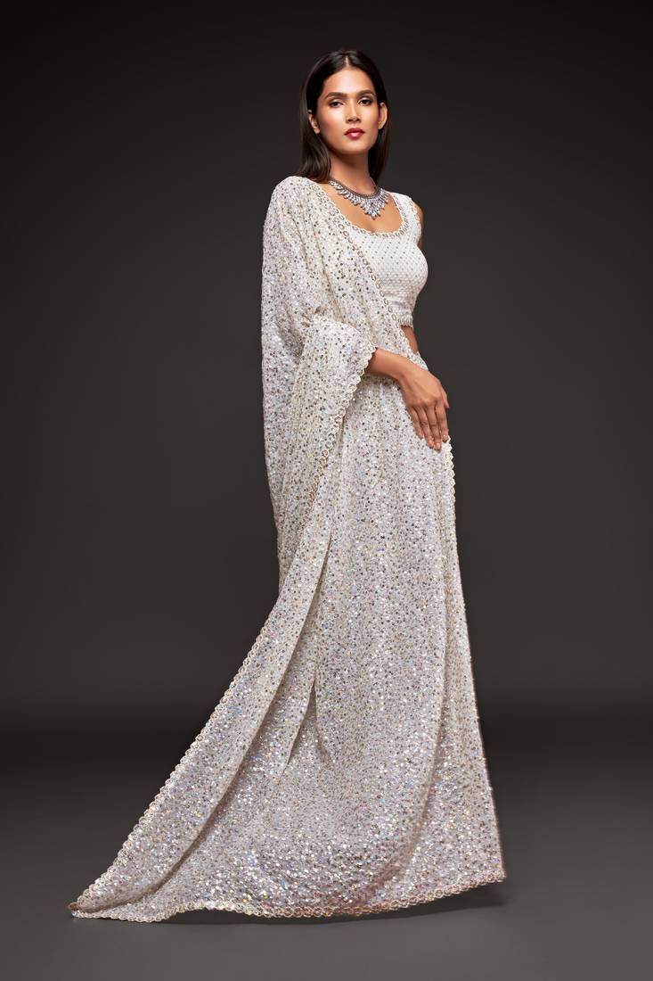  Pearl White Sequins Embroidered Georgette Saree For Wedding