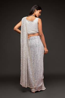  Pearl White Sequins Embroidered Georgette Saree For Wedding 6