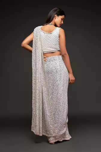  Pearl White Sequins Embroidered Georgette Saree For Wedding