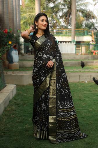 Koram Black Bandhej Silk With Zari Weaving Border And Bandhej Pallu Saree With Blouse For Women 