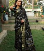 Koram Black Bandhej Silk With Zari Weaving Border And Bandhej Pallu Saree With Blouse For Women 