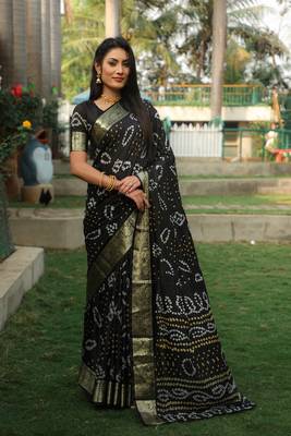 Koram Black Bandhej Silk With Zari Weaving Border And Bandhej Pallu Saree With Blouse For Women  3