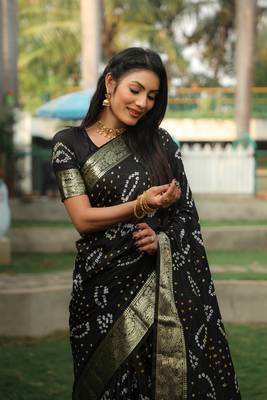 Koram Black Bandhej Silk With Zari Weaving Border And Bandhej Pallu Saree With Blouse For Women  4