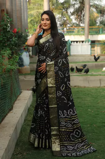 Koram Black Bandhej Silk With Zari Weaving Border And Bandhej Pallu Saree With Blouse For Women 