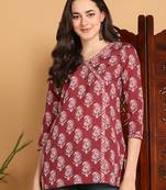 women maroon cotton blend ethnic motifs printed styles top