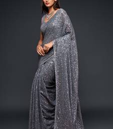 Seductive Slate Grey Thread And Multiple Sequins Embroidered Georgette Saree Parties And Traditional Occasions