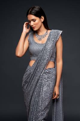 Seductive Slate Grey Thread And Multiple Sequins Embroidered Georgette Saree Parties And Traditional Occasions 3