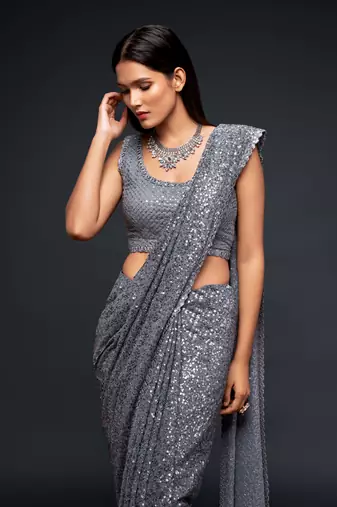 Seductive Slate Grey Thread And Multiple Sequins Embroidered Georgette Saree Parties And Traditional Occasions