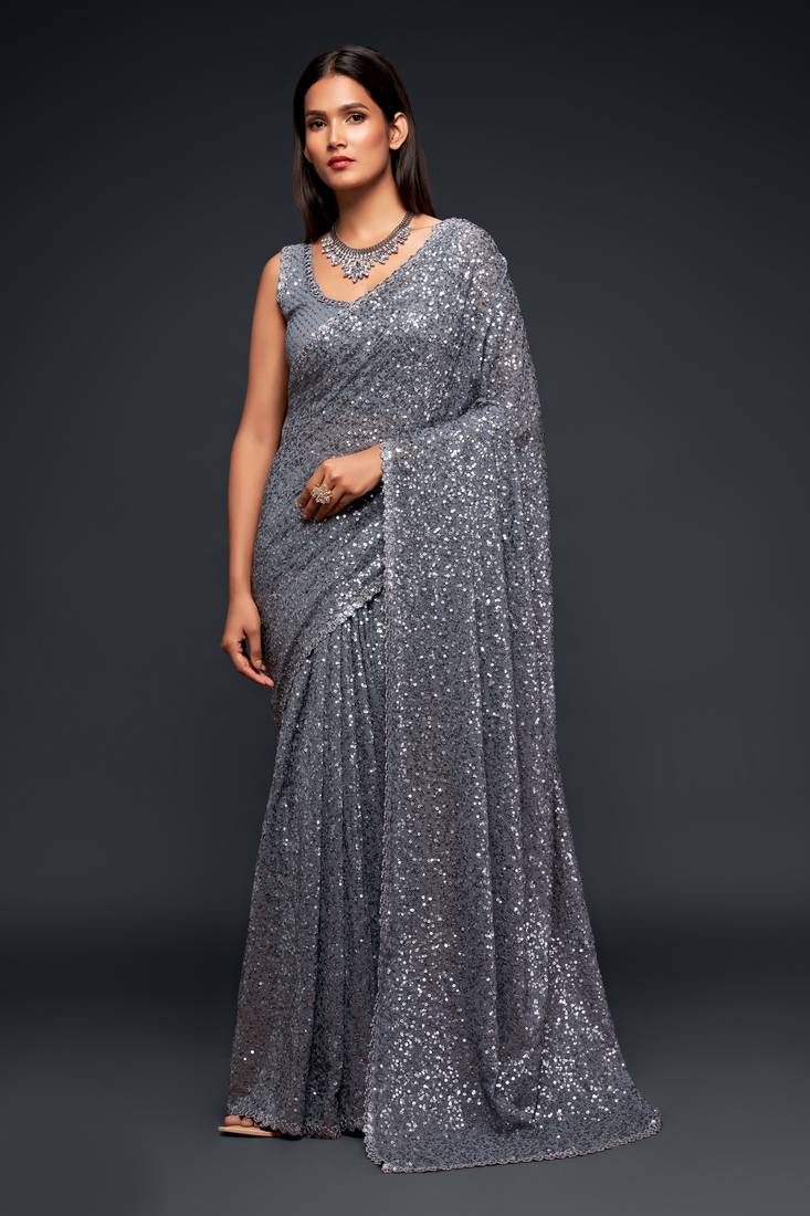 Seductive Slate Grey Thread And Multiple Sequins Embroidered Georgette Saree Parties And Traditional Occasions