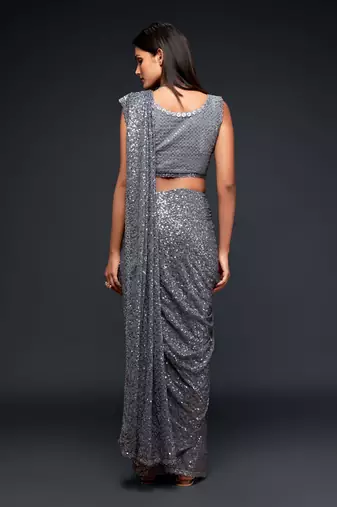 Seductive Slate Grey Thread And Multiple Sequins Embroidered Georgette Saree Parties And Traditional Occasions