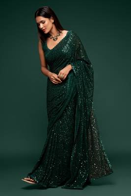Emerald Deep Green Thread And Multiple Sequins Embroidered Georgette Saree Best Collection Saree For Wedding 1