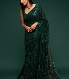 Emerald Deep Green Thread And Multiple Sequins Embroidered Georgette Saree Best Collection Saree For Wedding