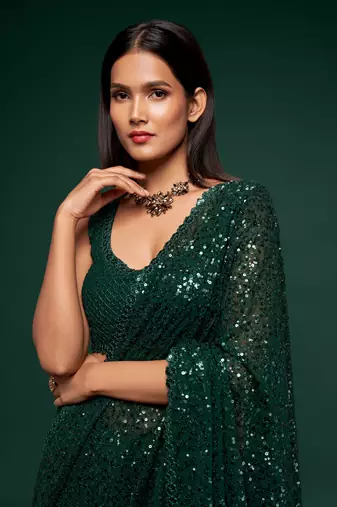 Emerald Deep Green Thread And Multiple Sequins Embroidered Georgette Saree Best Collection Saree For Wedding