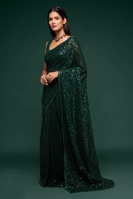 Emerald Deep Green Thread And Multiple Sequins Embroidered Georgette Saree Best Collection Saree For Wedding 4