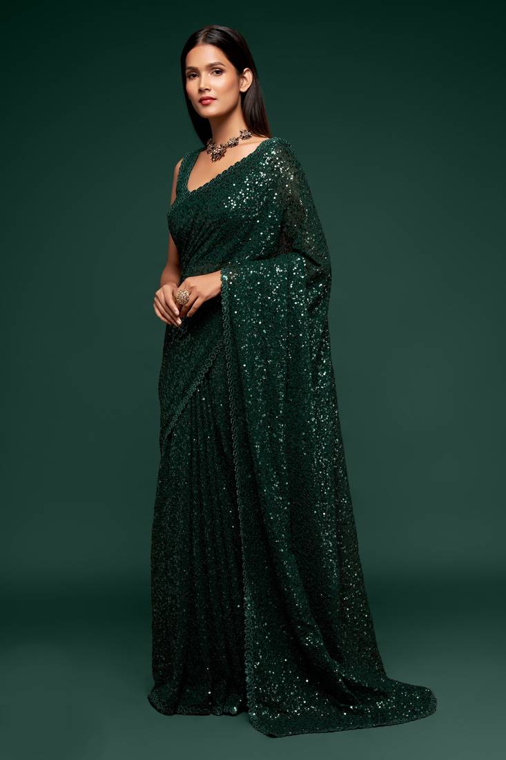 Emerald Deep Green Thread And Multiple Sequins Embroidered Georgette Saree Best Collection Saree For Wedding