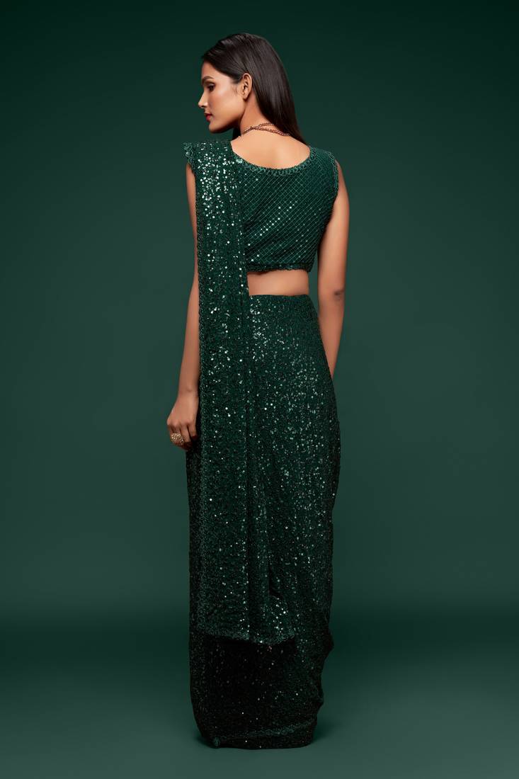 Emerald Deep Green Thread And Multiple Sequins Embroidered Georgette Saree Best Collection Saree For Wedding