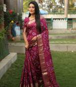 Koram Wine Bandhej Silk With Zari Weaving Border And Bandhej Pallu Saree With Blouse For Women 