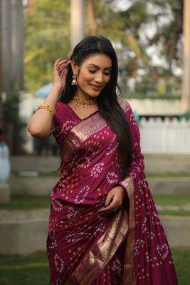 Koram Wine Bandhej Silk With Zari Weaving Border And Bandhej Pallu Saree With Blouse For Women  2